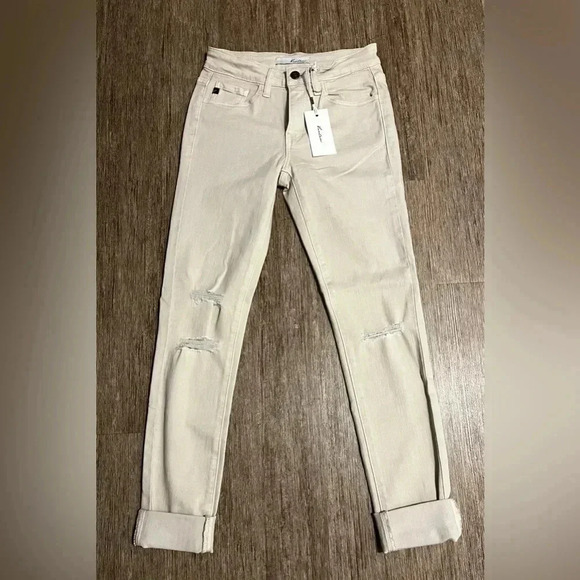 Kancan Jeans Beige Ligh Tan Distressed Cropped Skinny Jeans Estilo NWT Size 3/25 - Picture 1 of 11